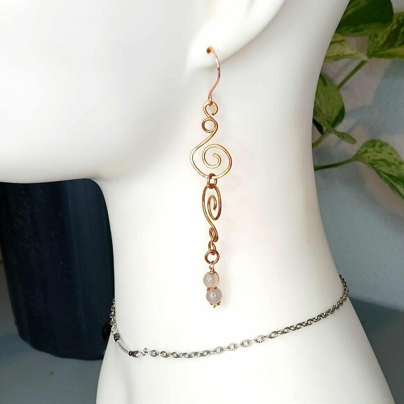 BOGO EARRINGS Long Boho Agate Crystal Dangle Earrings, Hammered Copper Gemstone - Picture 1 of 8